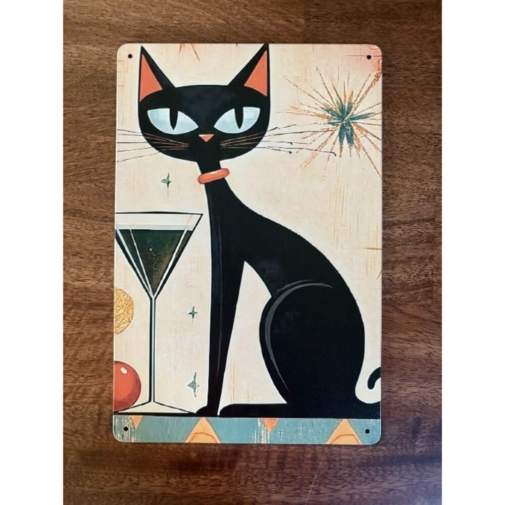 Mid-Century Modern Black Cat & Martini Vintage Style Metal Sign 12x8